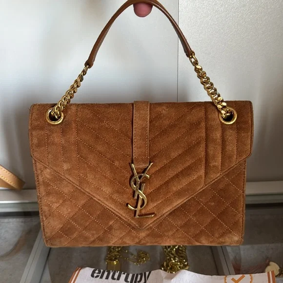 YSL Yves Saint Laurent Brown Suede Quilted Medium Envelope Handbag - Picture 16 of 16